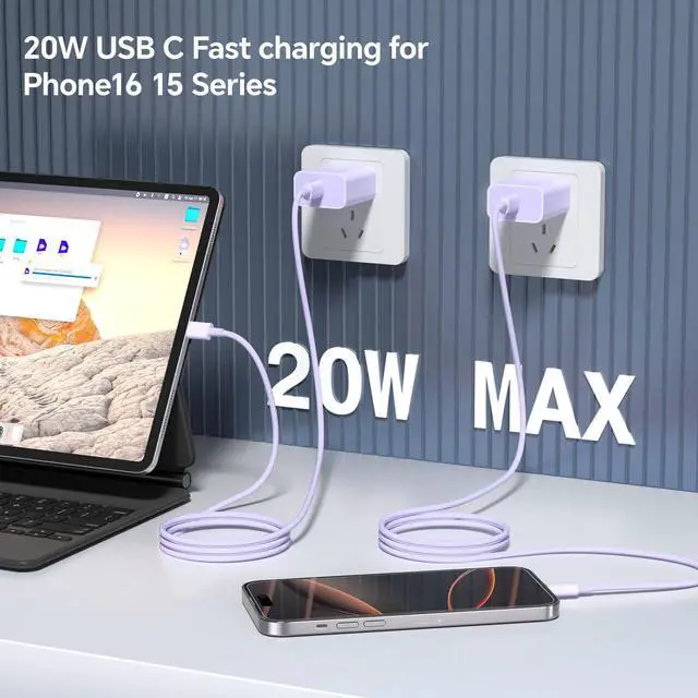 Alt view image 4 of 7 - KEHIPI  Fast Charger for Phone 16/15 Charger,2 Pack Type C Wall Charger Block with 2 Pack 6FT/10FT Long USB C to USB C,for Phone 16/15/Max/Pro,Pad,for Swiitchh,Samsunngg,Purple