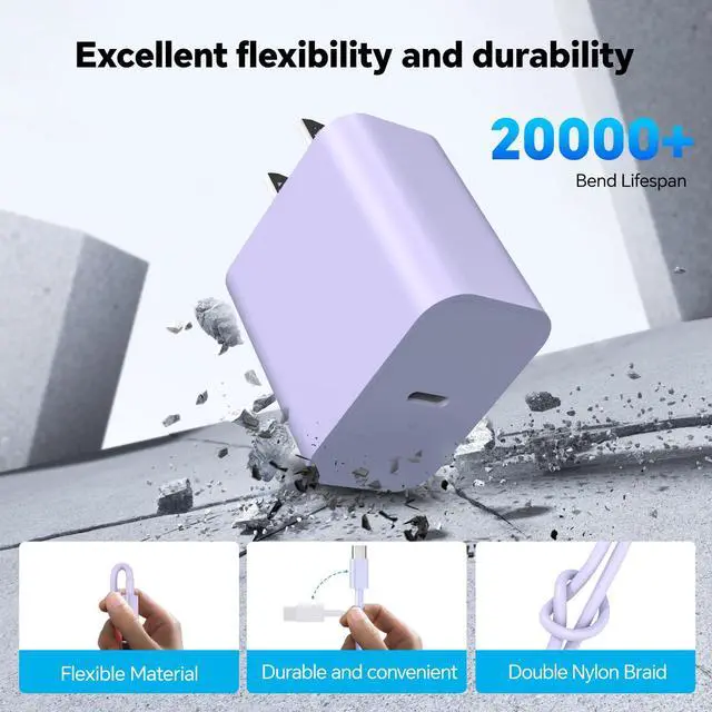 Alt view image 5 of 7 - KEHIPI  Fast Charger for Phone 16/15 Charger,2 Pack Type C Wall Charger Block with 2 Pack 6FT/10FT Long USB C to USB C,for Phone 16/15/Max/Pro,Pad,for Swiitchh,Samsunngg,Purple