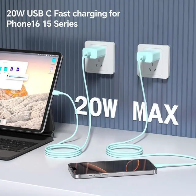 Alt view image 4 of 7 - KEHIPI Fast Charging for 15/16, 3Pack 20W Fast Chargers Block with 60W 6ft/10ft Long USB C to USB-C Cable,Compatible with Phone 16/16 Plus/16 Pro/16 Pro Max/Phone 15/15 Pro Max,Blue