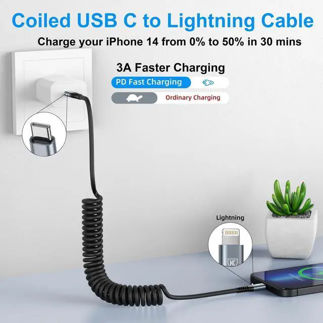 Alt view image 2 of 7 - KEHIPI USB Type C to Lightning Cable 6FT 2Pack, Coiled iPhone Charger Fast Charging for CarPaly Short USBC iPhone Cord for iPhone14/13/12/11 Pro Max/iPad/CarPlay-Black