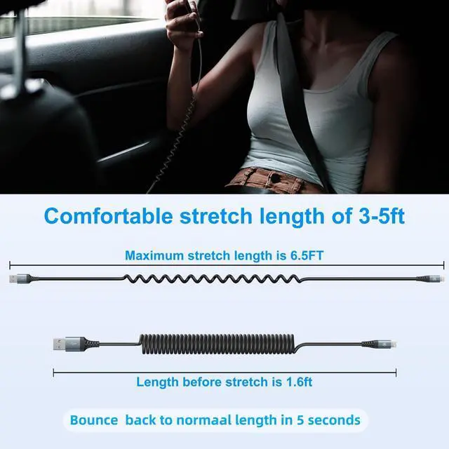 Alt view image 6 of 6 - KEHIPI iPhone Charger Cable 6FT for Car, Coiled Lightning Cable 2 Pack 6 Feet Lightning Cord Compatible with iPhone14 13/12/11 Pro Max/XS MAX/XR/XS/X/8/7/Plus/6S iPad/iPod - Black