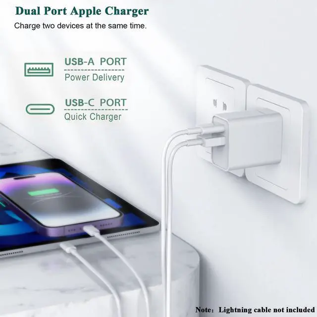 Alt view image 3 of 7 - KEHIPI iPhone 15 Fast Charger, 2Pack USB C Charger - 20W Dual Port PD Type C + QC3.0 USB A Fast Charging Brick Plug Adapter for iPhone 15 Pro Max/15 Plus/14/13/12/11/Pro Max/SE/X, iPad Pro (White)