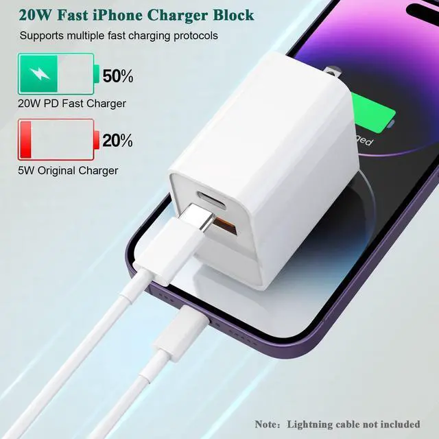 Alt view image 2 of 7 - KEHIPI iPhone 15 Fast Charger, 2Pack USB C Charger - 20W Dual Port PD Type C + QC3.0 USB A Fast Charging Brick Plug Adapter for iPhone 15 Pro Max/15 Plus/14/13/12/11/Pro Max/SE/X, iPad Pro (White)