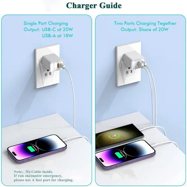 Alt view image 4 of 7 - KEHIPI iPhone 15 Fast Charger, 2Pack USB C Charger - 20W Dual Port PD Type C + QC3.0 USB A Fast Charging Brick Plug Adapter for iPhone 15 Pro Max/15 Plus/14/13/12/11/Pro Max/SE/X, iPad Pro (White)