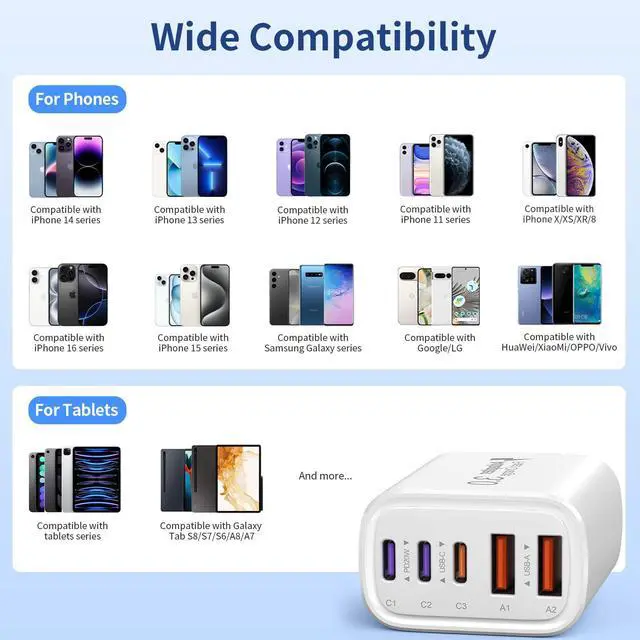 Alt view image 6 of 7 - KEHIPIUSB C Wall Charger 3Pack, 50W USB C Fast Charger Block, 5-Port PD Power Adapter + QC Wall Plug Multiport Type C Charging Block Cube Compatible with iPhone 16 15 14 13 12 11 Pro Max XR XS 8 7
