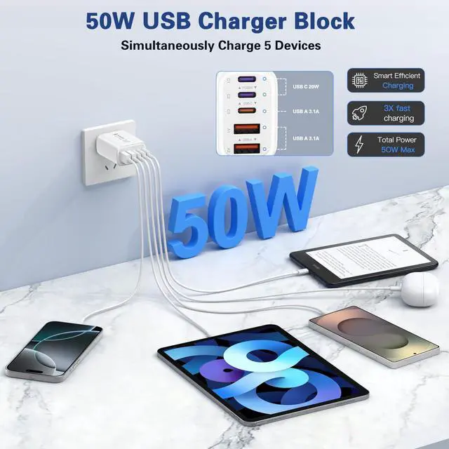 Alt view image 3 of 7 - KEHIPIUSB C Wall Charger 3Pack, 50W USB C Fast Charger Block, 5-Port PD Power Adapter + QC Wall Plug Multiport Type C Charging Block Cube Compatible with iPhone 16 15 14 13 12 11 Pro Max XR XS 8 7