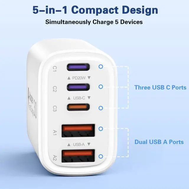Alt view image 2 of 7 - KEHIPIUSB C Wall Charger 3Pack, 50W USB C Fast Charger Block, 5-Port PD Power Adapter + QC Wall Plug Multiport Type C Charging Block Cube Compatible with iPhone 16 15 14 13 12 11 Pro Max XR XS 8 7