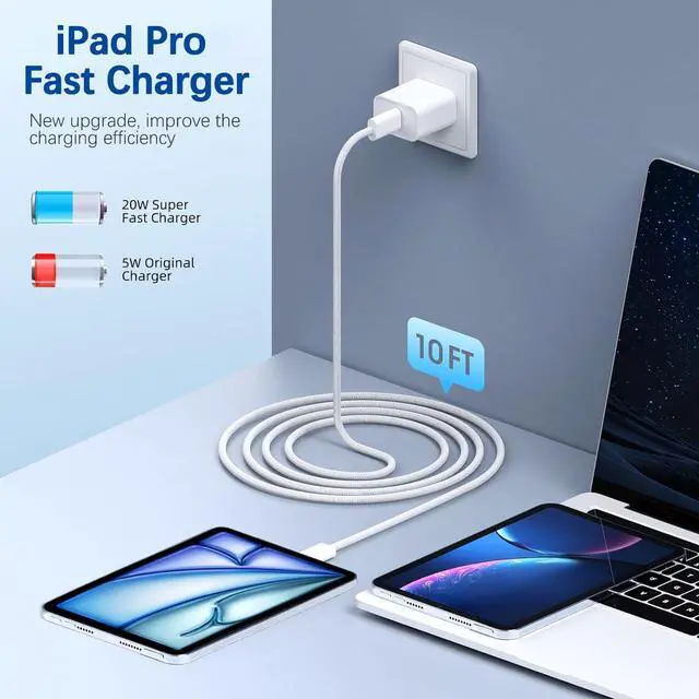Alt view image 2 of 7 - KEHIPI 10FT Fast iPad Charger,iPad Charger Fast Charging 2Pack Wall Chargers Plug Adapter Woven Type C USB C to C Cable Cord for iPad Pro 13/12.9/11/,iPad Air 6/5th,i-Pad mini 6/A17 Pro,i-Pad 10/