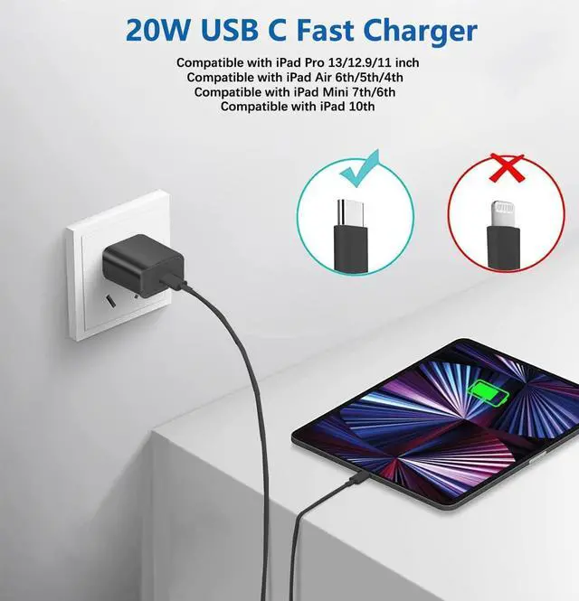 Alt view image 5 of 7 - KEHIPI Fast iPad Charger,iPad Charger Fast Charging 2Pack Wall Chargers Plug Adapter and Type C USB C to C Cable Cord 6ft Type C to C for iPad Pro 12.9,Pro 11 inch,iPad Air 5th/4th,iPad Mini 6,iPad 10