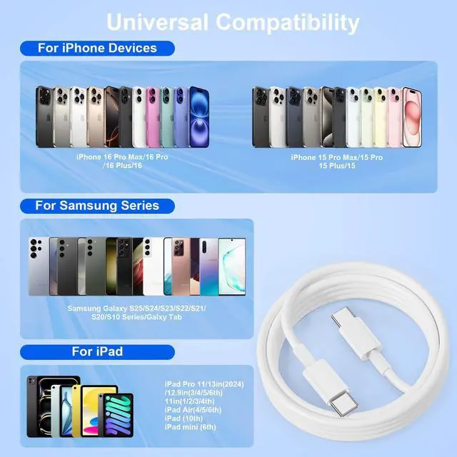 Alt view image 3 of 7 - USBC to USBC Cable for iPhone 17 16 15, 10FT 3Pack 60W Long Charger Cord Type C Fast Charging for iPhone 17 Air/16e/17/16/15(Pro Max,Pro,Plus), iPad,Samsung Galaxy S25,S24,S23,S22 Ultra,Android Phone