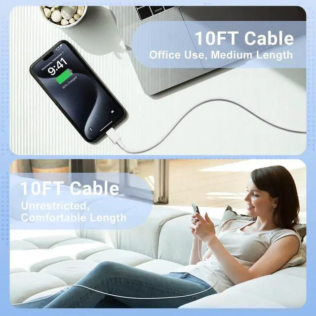 Alt view image 6 of 7 - USBC to USBC Cable for iPhone 17 16 15, 10FT 3Pack 60W Long Charger Cord Type C Fast Charging for iPhone 17 Air/16e/17/16/15(Pro Max,Pro,Plus), iPad,Samsung Galaxy S25,S24,S23,S22 Ultra,Android Phone