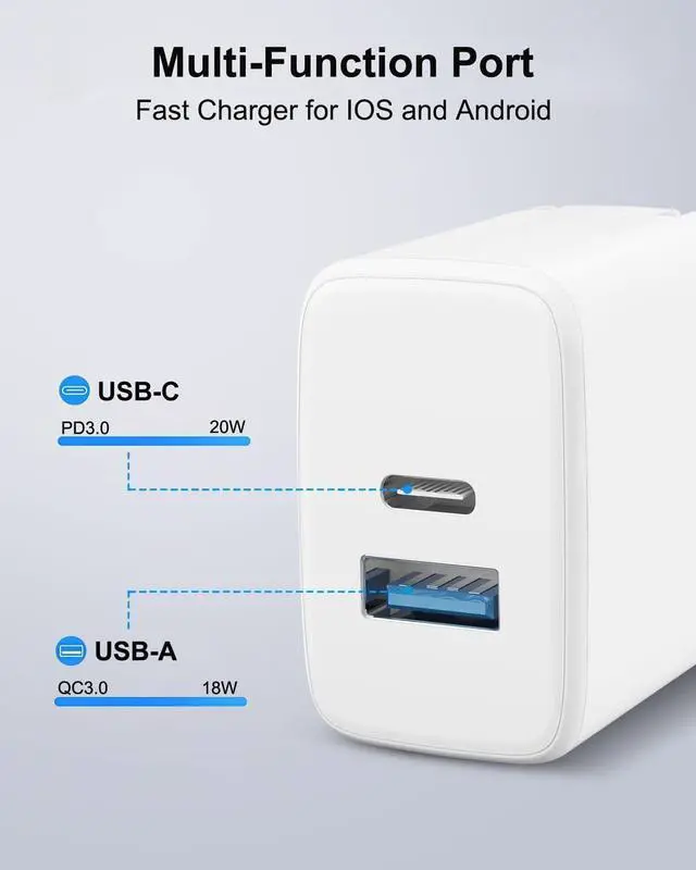 Alt view image 3 of 7 - KEHIPI 2Pack Fast Charger for iPad 9th 8th 7th 6th Generation 10.2 inch, iPad Air 3/2, iPad mini 5/4/3, 20W Dual Port Foldable Wall Charger with 6.6ft USB-C to Lightning Fast Charging Cable