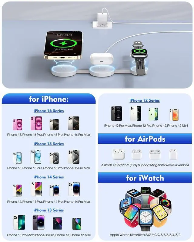 Alt view image 7 of 7 - KEHIPI Magnetic Wireless Charging Station 3in1 Fast iPhone Charging Pad Foldable Travel MagSafe Charger Station Dock Apple Mag-Safe Charger for iPhone 16 Pro Max/16Plus/15 ProMax/14/13/12,Apple Watch
