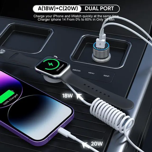 Alt view image 2 of 7 - KEHIPI 38W Car Charger for Apple Watch,Fast USB C Car Charger PD&QC3.0 Dual Port Charging Adapter,6 Foot USB-C to Lightning Cable with Fast Charging Cable for iWatch Series 10/9/8,iPhone 14/13