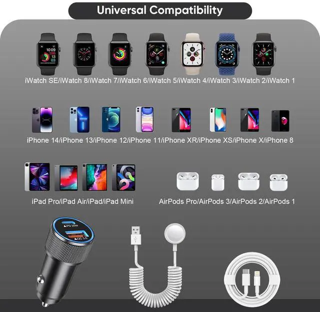 Alt view image 7 of 7 - KEHIPI 38W Car Charger for Apple Watch,Fast USB C Car Charger PD&QC3.0 Dual Port Charging Adapter,6 Foot USB-C to Lightning Cable with Fast Charging Cable for iWatch Series 10/9/8,iPhone 14/13