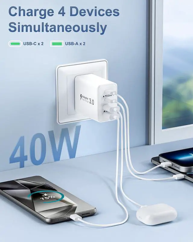Alt view image 3 of 7 - KEHIPI USB C Charger Block, 2-Pack 40W USBC Wall Charger Plug 4 Ports Dual PD Power Adapter +QC 3.0 Fast Charging Brick Multiport Type C Cubes Box for iPhone 16 15 14 13 12 11 Pro Max Plus, Samsung