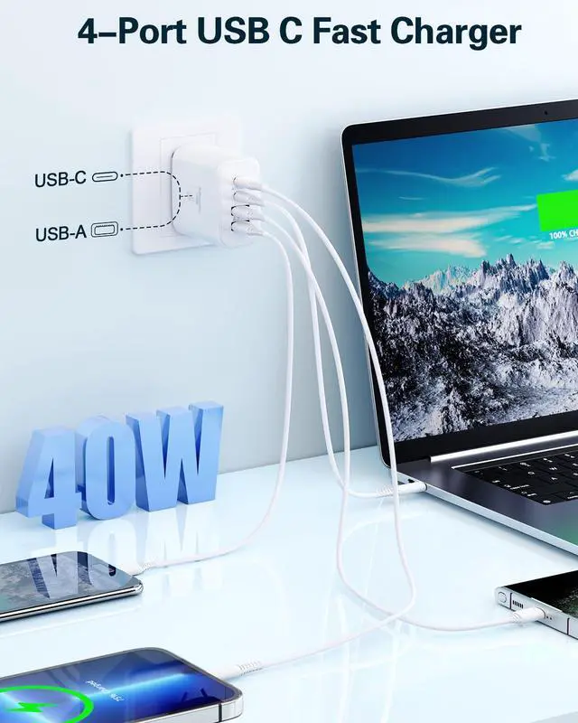 Alt view image 3 of 7 - KEHIPI iPhone Charger Fast Charging, 2 Pack 40W 4-Port USB C Wall Charger Block with 2 Pack 6FT Long USB C to Lightning Cable for iPhone 14/13/12/11/Pro/Pro Max/Mini/Xs Max/XR/X, iPad