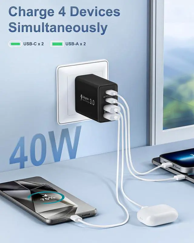 Alt view image 3 of 7 - KEHIPI USB C Fast Charging Block, 2-Pack 40W 4 Ports USBC Wall Charger Block Dual PD Power Adapter +QC 3.0 USB Plug Multiport Type C Charger Cubes Box for iPhone 16 15 14 13 12 11 Pro Max Plus, iPad