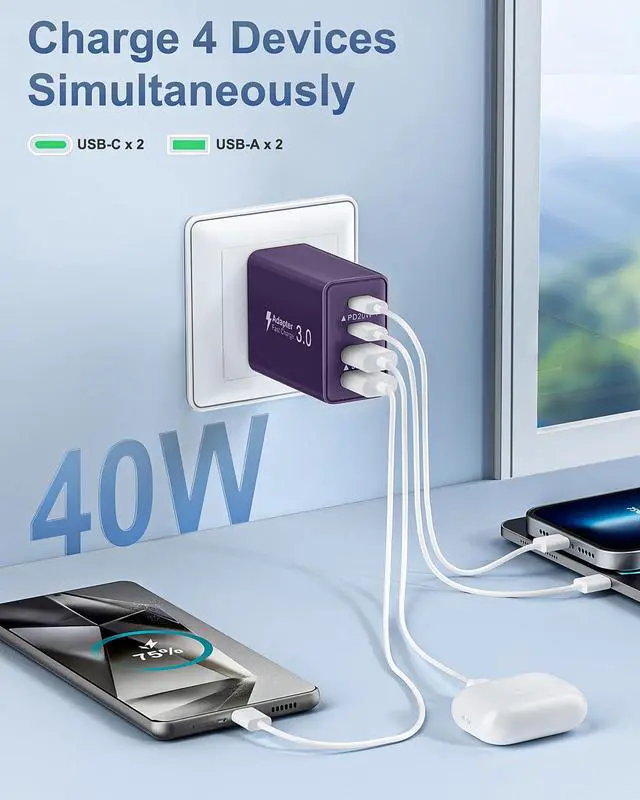 Alt view image 3 of 7 - KEHIPI 2-Pack USB C Charger Block, 40W USB C Charger Fast Charging Block, 4-Port USBC PD Power Adapter+QC Wall Plug Multi Type C Charging Block Cube for iPhone 16 15 14 13 12 11 Pro Max Plus, Samsung