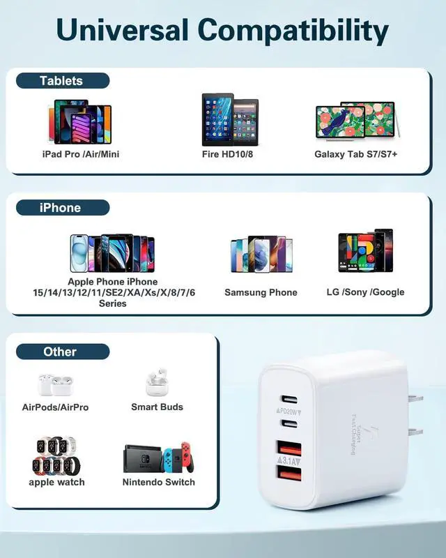 Alt view image 6 of 6 - KEHIPI 3-Pack USB C Charger Block, 40W 4-Port USB C Fast Charging Block Dual Port USBC Power Adapter Multiport Wall Plug Multi Type C Charging Block Cube for iPhone 16 15 14 13 12 11 Pro Max, Samsung