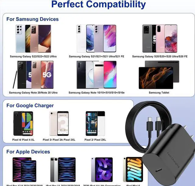 Alt view image 7 of 7 - Type C Charger Fast Charging, 2-Pack 25W Wall Charger Power Adapter with Fast Charging Cable Compatible with Galaxy S25/S24/S23 Ultra/S23+/S22 Ultra/S22+, Note 8/9/10 (Black)