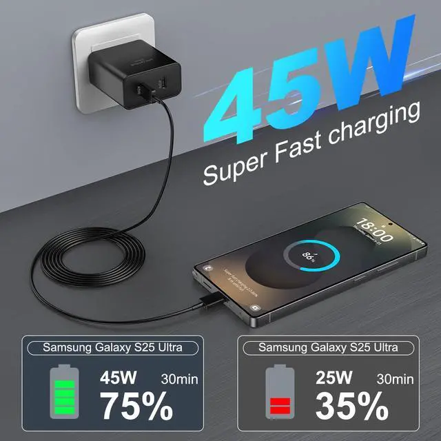 Alt view image 3 of 7 - KEHIPI 45W Super Fast USB C Charger for iPhone 17 16 15 Pro Max, 2-Port 45 Watt Type C Charger Block with 10FT USB C Cable for Samsung Galaxy S25 Ultra/S25+/S25/S24/S23 Ultra/S23+/S22 Ultra/S22+/S20
