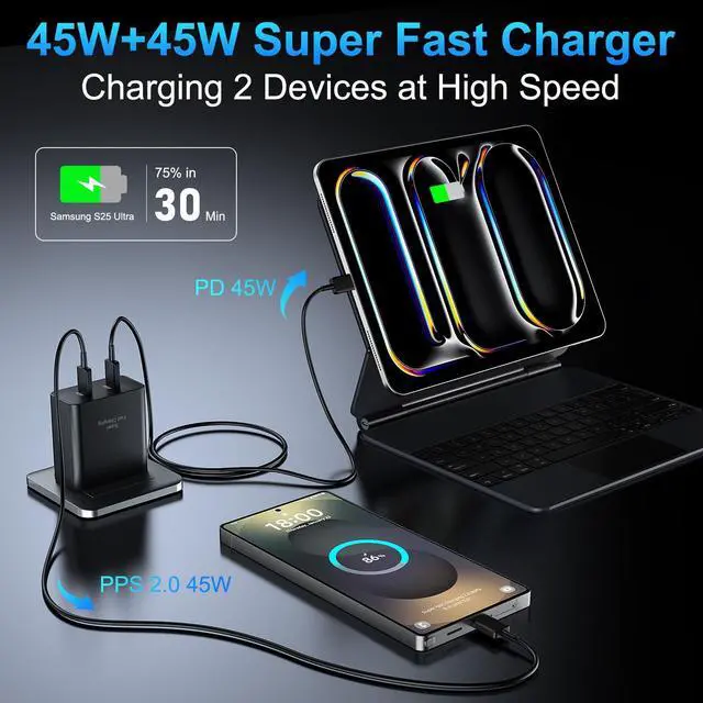 Alt view image 4 of 7 - KEHIPI 45W USB-C Super Fast Charger,2-Port 45 Watt Type C Charger Fast Charging Block with6.6FT USB C Cable Cord for Samsung Galaxy S25 Ultra/S25+/S25/S24/S23 Ultra/S23+/S22 Ultra/S22+/S20 Ultra-Black