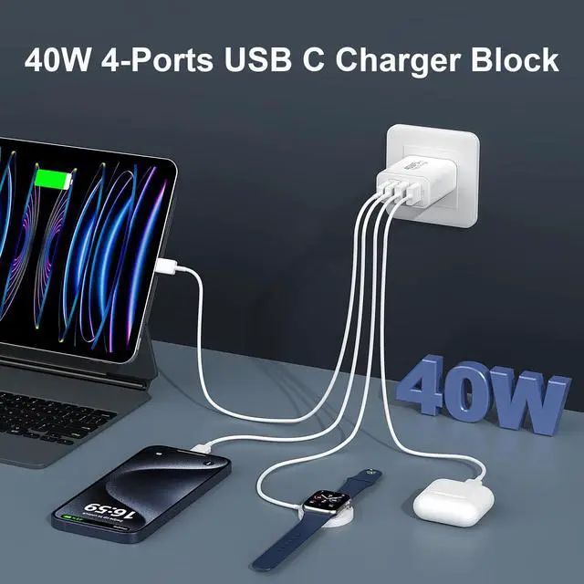 Alt view image 2 of 7 - KEHIPI 40W USB C Charger Block for iPhone17/17 Pro/17 Pro Max/Air/16/16 Pro/16 Pro Max/16 Plus/15/15 Pro Max/14 13 12 11 Pro Max XS XR X,4-Port PD+QC Multiport Power Adapter Type C Fast Charging Brick
