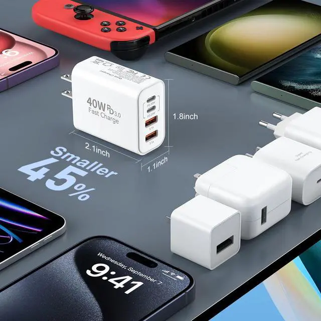 Alt view image 6 of 7 - KEHIPI 40W USB C Charger Block for iPhone17/17 Pro/17 Pro Max/Air/16/16 Pro/16 Pro Max/16 Plus/15/15 Pro Max/14 13 12 11 Pro Max XS XR X,4-Port PD+QC Multiport Power Adapter Type C Fast Charging Brick