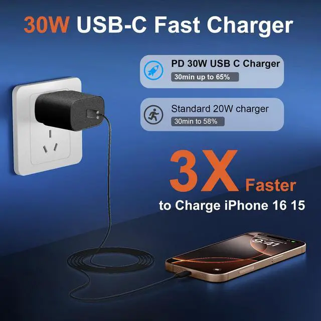 Alt view image 3 of 6 - KEHIPI Phone 17 16 15 Pro Max Charger 30W Type C Chargers USB C Fast Charger Block Phone 17 Chargers Fast Charging with 8FT C Charging Cable for Phone 17/17 Pro Max/16/16Pro Max/15/15 Pro/iPad/Samsung