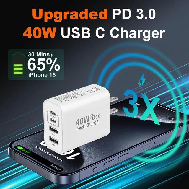Alt view image 2 of 6 - KEHIPI 40W USB C Charger Block,4-Port Type C Fast Charging Block Dual PD&QC Wall Plug Power Adapter with USB C to C Charging Cables for iPhone 15/15 Pro/ 15 Pro Max/14/13/12, Samsung Galaxy S24 Series
