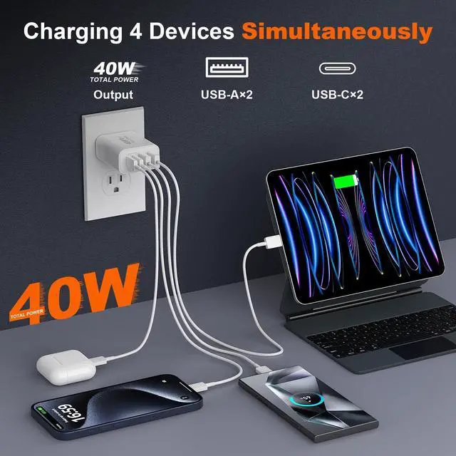Alt view image 3 of 6 - KEHIPI 40W USB C Charger Block,4-Port Type C Fast Charging Block Dual PD&QC Wall Plug Power Adapter with USB C to C Charging Cables for iPhone 15/15 Pro/ 15 Pro Max/14/13/12, Samsung Galaxy S24 Series