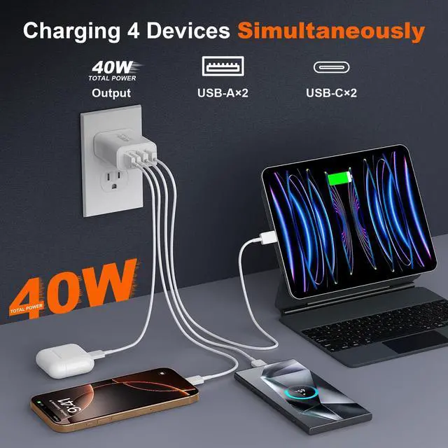 Alt view image 3 of 6 - KEHIPI USB C Fast Charger Block,40W 4Port iPhone 17 Type C Charger Fast Charging Block PD Power Adapter+QC3.0 USB A Wall Charger Plug Type C Brick for iPhone 17/16/15/14/13Pro Max/iPhone Samsung,2Pack