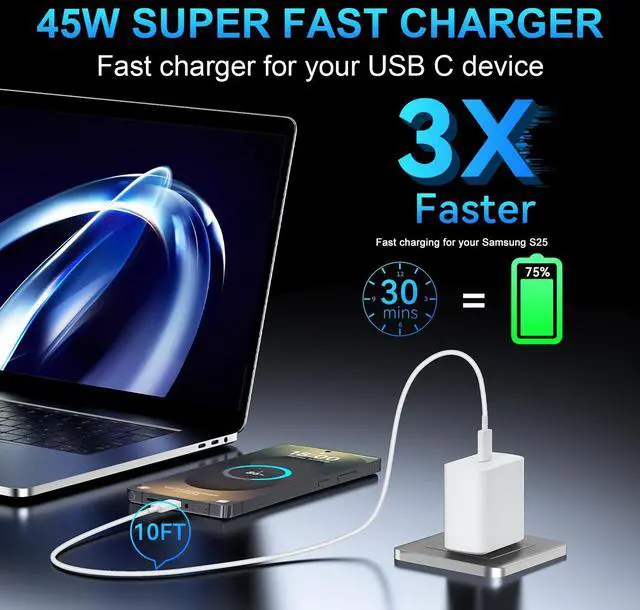 Alt view image 6 of 6 - KEHIPI iPhone 17 16 Pro Max Charger Fast Charging,45W USB C Fast Charger Block With Extra Long 10FT Type C Charger Fast Charging Cable for iPhone 17 Pro Max/17 Pro/iPhone Air/17/16//16 Pro Max/Samsung