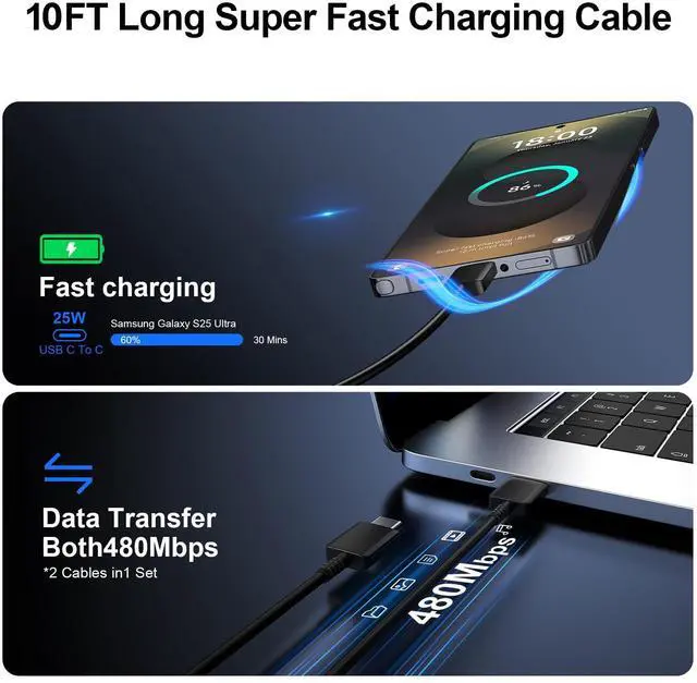 Alt view image 5 of 6 - Super Fast Charger Type C, 25W USB C Wall Charger Fast Charging for Samsung Galaxy S25 Ultra/S25/S25+/S24+/S24 Ultra/S24/S24+/S23 Ultra/S22 Ultra/S21 with 10FT Long Android Type C Charger Cable 2Pack