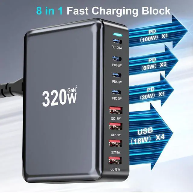 Alt view image 3 of 7 - KEHIPI 320W USB C Fast Charger Block,8 Port USB Charging Station, GaN  Pro 100W PD PPS Port Fast Charging Station Hub, Laptop Wall Charger Compatible with MacBook, iPhone 17,iPad,Android Devices etc