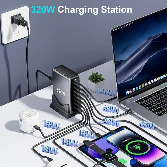 Alt view image 2 of 7 - KEHIPI 320W USB C Fast Charger Block,8 Port USB Charging Station, GaN  Pro 100W PD PPS Port Fast Charging Station Hub, Laptop Wall Charger Compatible with MacBook, iPhone 17,iPad,Android Devices etc