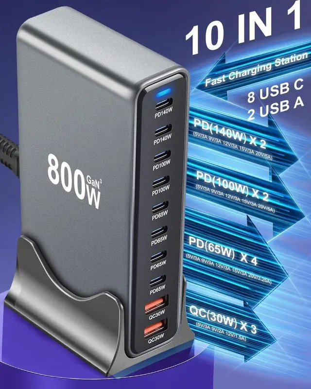 Alt view image 4 of 7 - KEHIPI 800W USB C Fast Charger Block, 10 Port USB Charging Station, GaN  Pro Dual 140W PD PPS Port for Multiple Devices,Laptop Wall Charger Compatible with DELL, HP, MacBook Pro,iPhone 16,Galaxy S24