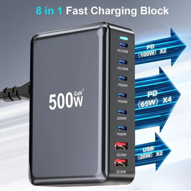 Alt view image 3 of 7 - 500W USB C Fast Charger Block, 8 Port USB Charging Station, GaN  Pro Double 100W PD PPS Port Fast Charging Station for Multiple Devices,Laptop Wall Charger Compatible with MacBook, iPhone 17,iPad etc