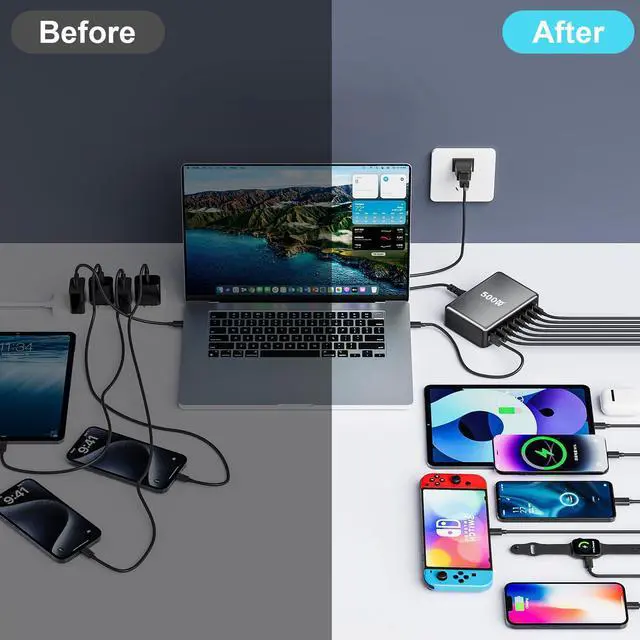 Alt view image 6 of 7 - 500W USB C Fast Charger Block, 8 Port USB Charging Station, GaN  Pro Double 100W PD PPS Port Fast Charging Station for Multiple Devices,Laptop Wall Charger Compatible with MacBook, iPhone 17,iPad etc