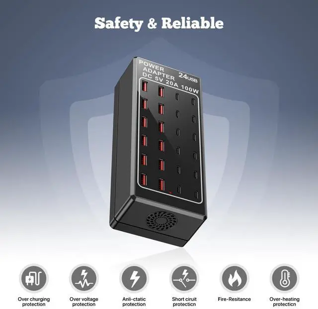 Alt view image 4 of 6 - KEHIPI USB C Charging Station, USB Charger Station Block, 24-Port 100W (20A) Charging Block, Charging Station for Multiple Devices USB Wall Charger Power Hub,Compatible Samsung S24/iPhone/Google