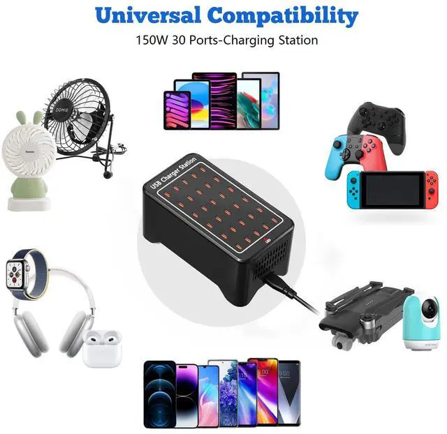 Alt view image 2 of 6 - USB C Charger Station 150W, 30 Port USB Charger Block USB Charging Hub, Multiport USB C Charger Desktop Charger Compatible with iPhone 16/15/14/13/12/11, iPad, Tablets, Samsung GalaxyS23 S22,Phone