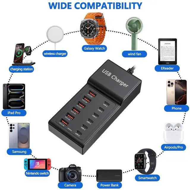 Alt view image 2 of 7 - KEHIPI Multi USB Charger, USB C Charging Block Station, 50W 12 Port Multiple USB C Power Strip USB Hub Compatible with iPhone 16 Pro Max/15/14/13/12/11, iPad, Tablets, Samsung Galaxy S25/S24, Pixel