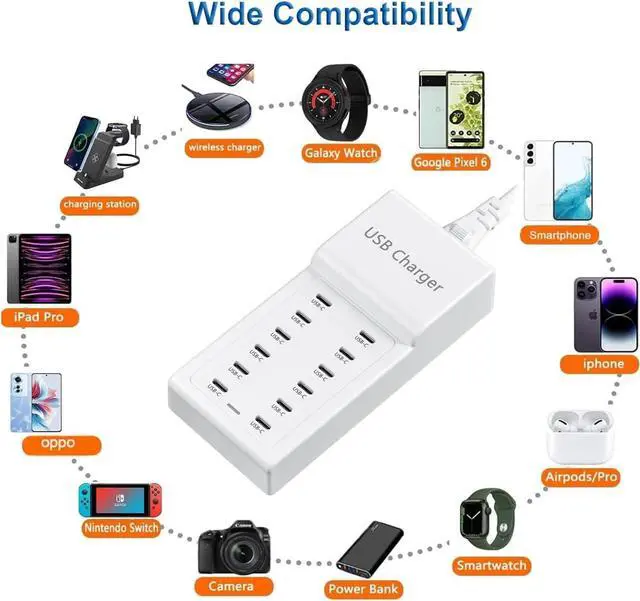 Alt view image 2 of 6 - KEHIPI USB C Charger, 12 Ports USB Charging Station, 50W MultiPort USB Charging Block, USBC Desktop Multiple Charger for iPhone 16/15/14/13/12/iPad/Samsung S24/S23/Ultra/Z Flod/Watch/Headphones