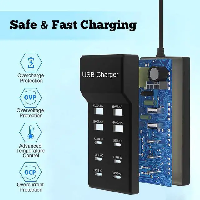 Alt view image 4 of 7 - KEHIPI Multiple USB C Charger, 12 Ports USB Charging Station, 60W MultiPort Charger[10 USB-C+2 USB-A], USB Wall Charger,Desktop USB Charger for iPhone/iPad/Samsung/Google Pixel/Watch/Headphones(Black)