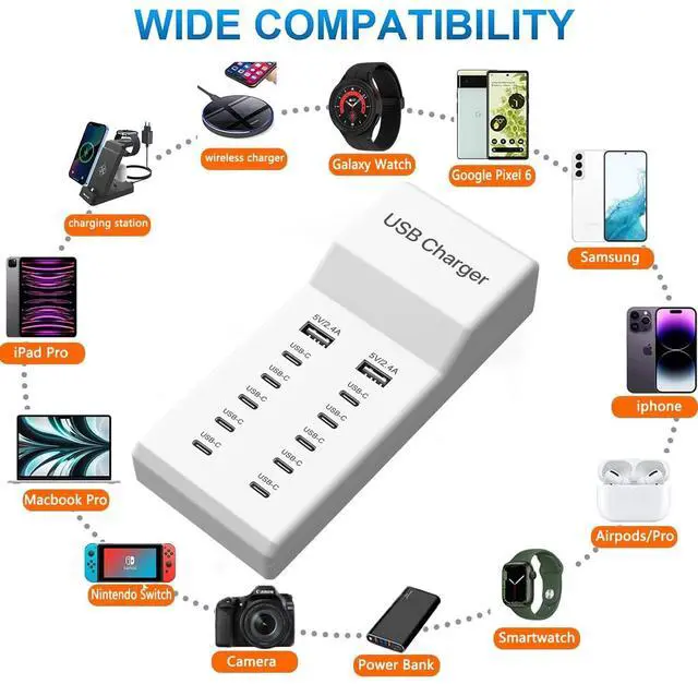 Alt view image 2 of 7 - KEHIPI USB C Charger, 12 Ports USB Charging Station, 60W MultiPort Charger[10 USBC+2 USBA], Compatible with iPhone/iPad/Samsung/Google Pixel/Watch/Headphones