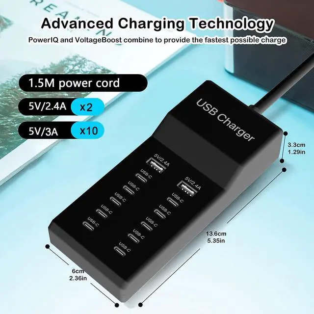 Alt view image 3 of 7 - KEHIPI Multiple USB C Charger, 12 Ports USB Charging Station, 60W MultiPort Charger[10 USB-C+2 USB-A], USB Wall Charger,Desktop USB Charger for iPhone/iPad/Samsung/Google Pixel/Watch/Headphones(Black)