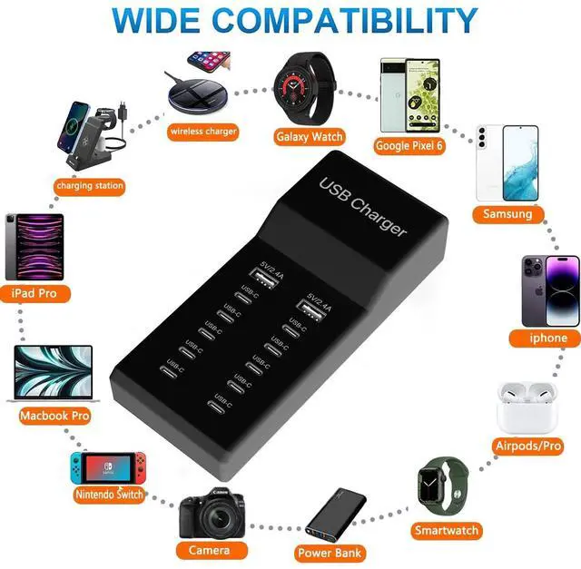 Alt view image 2 of 7 - KEHIPI Multiple USB C Charger, 12 Ports USB Charging Station, 60W MultiPort Charger[10 USB-C+2 USB-A], USB Wall Charger,Desktop USB Charger for iPhone/iPad/Samsung/Google Pixel/Watch/Headphones(Black)