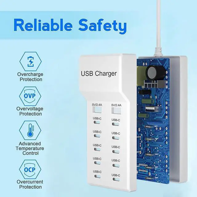 Alt view image 3 of 7 - KEHIPI USB C Charger, 12 Ports USB Charging Station, 60W MultiPort Charger[10 USBC+2 USBA], Compatible with iPhone/iPad/Samsung/Google Pixel/Watch/Headphones