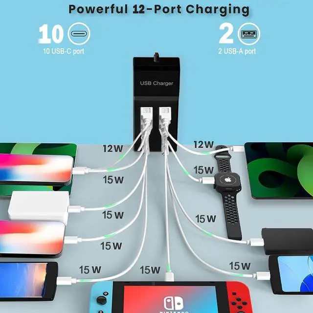 Alt view image 6 of 7 - KEHIPI Multiple USB C Charger, 12 Ports USB Charging Station, 60W MultiPort Charger[10 USB-C+2 USB-A], USB Wall Charger,Desktop USB Charger for iPhone/iPad/Samsung/Google Pixel/Watch/Headphones(Black)